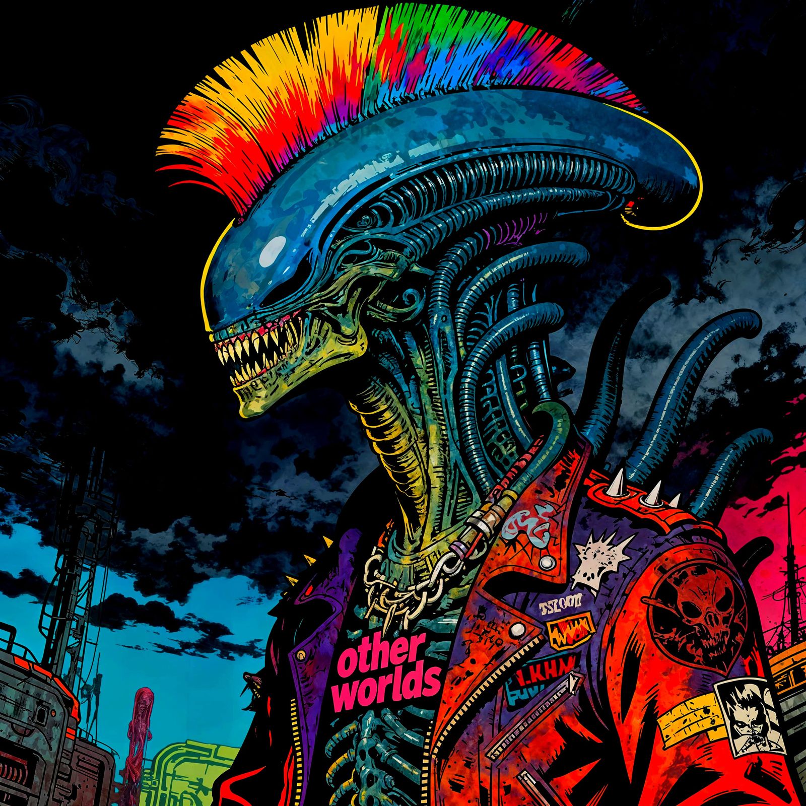 Xenomorph with Punk Mohawk in Graphic Novel Style