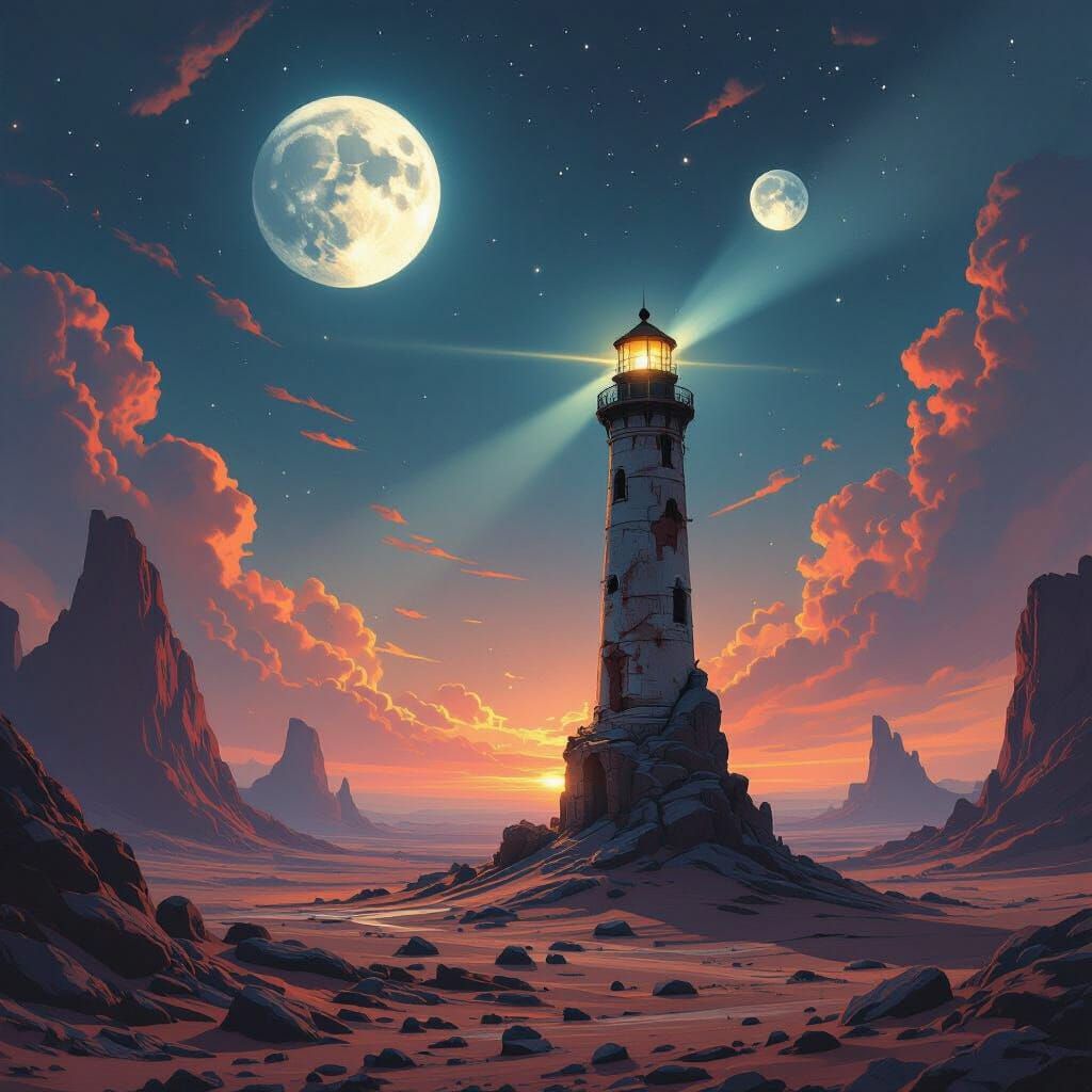 Alien Planet Lighthouse Under Twin Moons - Sci-Fi Art