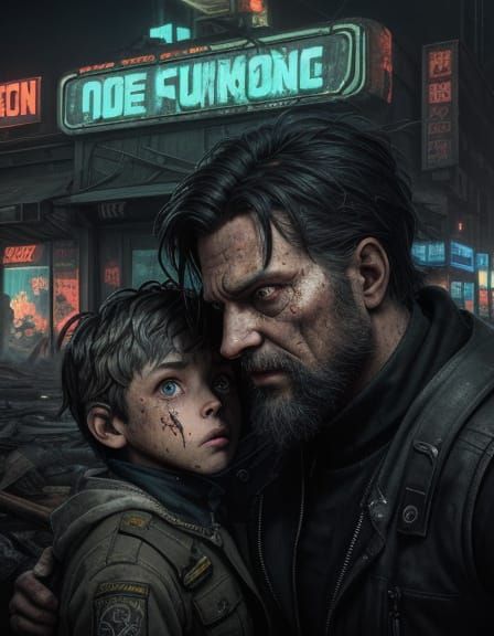 Dystopian Meeting: Boy Meets Future Self in Ruined Cityscape