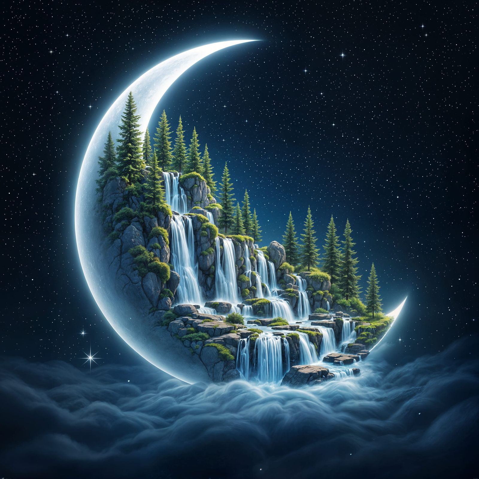 Ethereal Moonlit Wonderland with Waterfalls and Pine Trees
