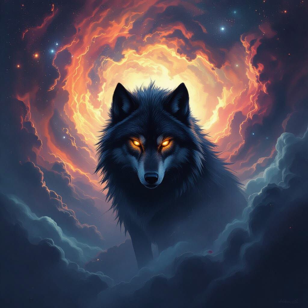 Lone Wolf in Cosmic Nebula, Dark Fantasy Art
