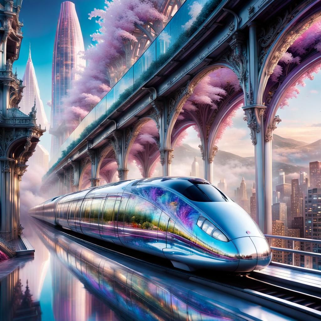 Futuristic Glass Train in Dreamlike Cityscape
