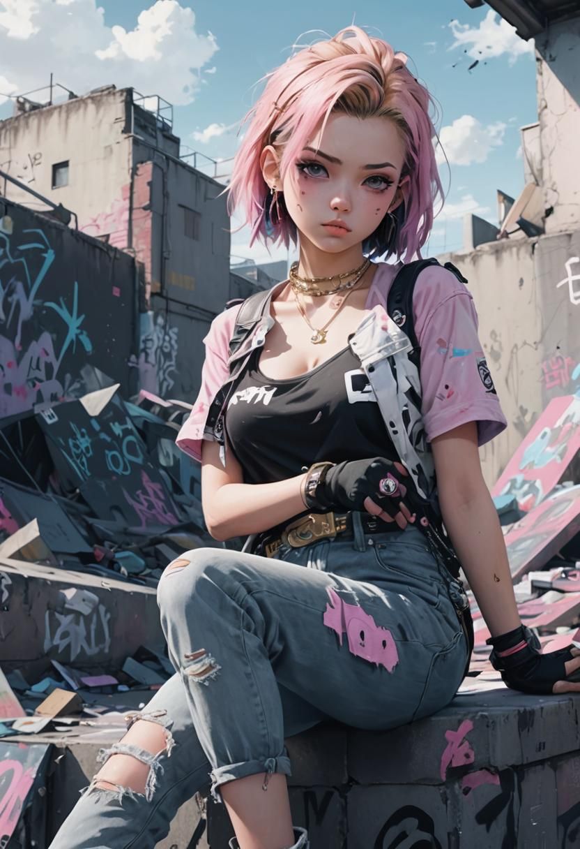 Punk Portrait with Graffiti Background in Anime Style