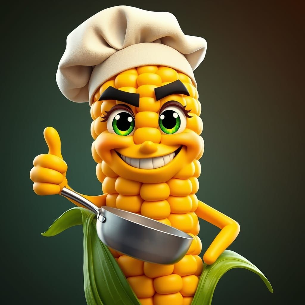 Golden Corn Character in Chef Hat with Confident Cooking Sta...
