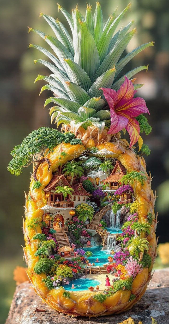 Miniature Tropical Paradise Inside a Pineapple, Pointillism ...