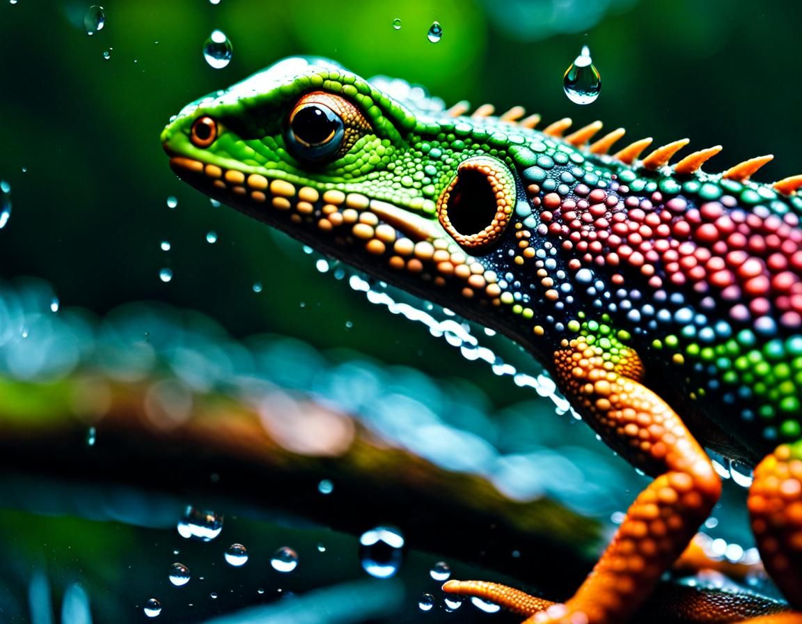Raindrop on Luminescent Lizard in Rainforest