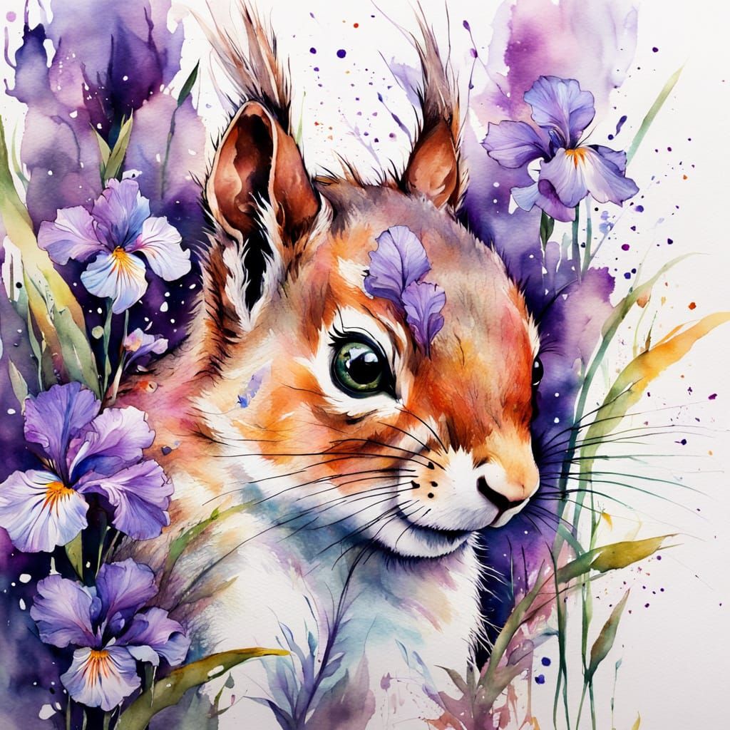 Squirrel Peeking Through Irises in Watercolour Style