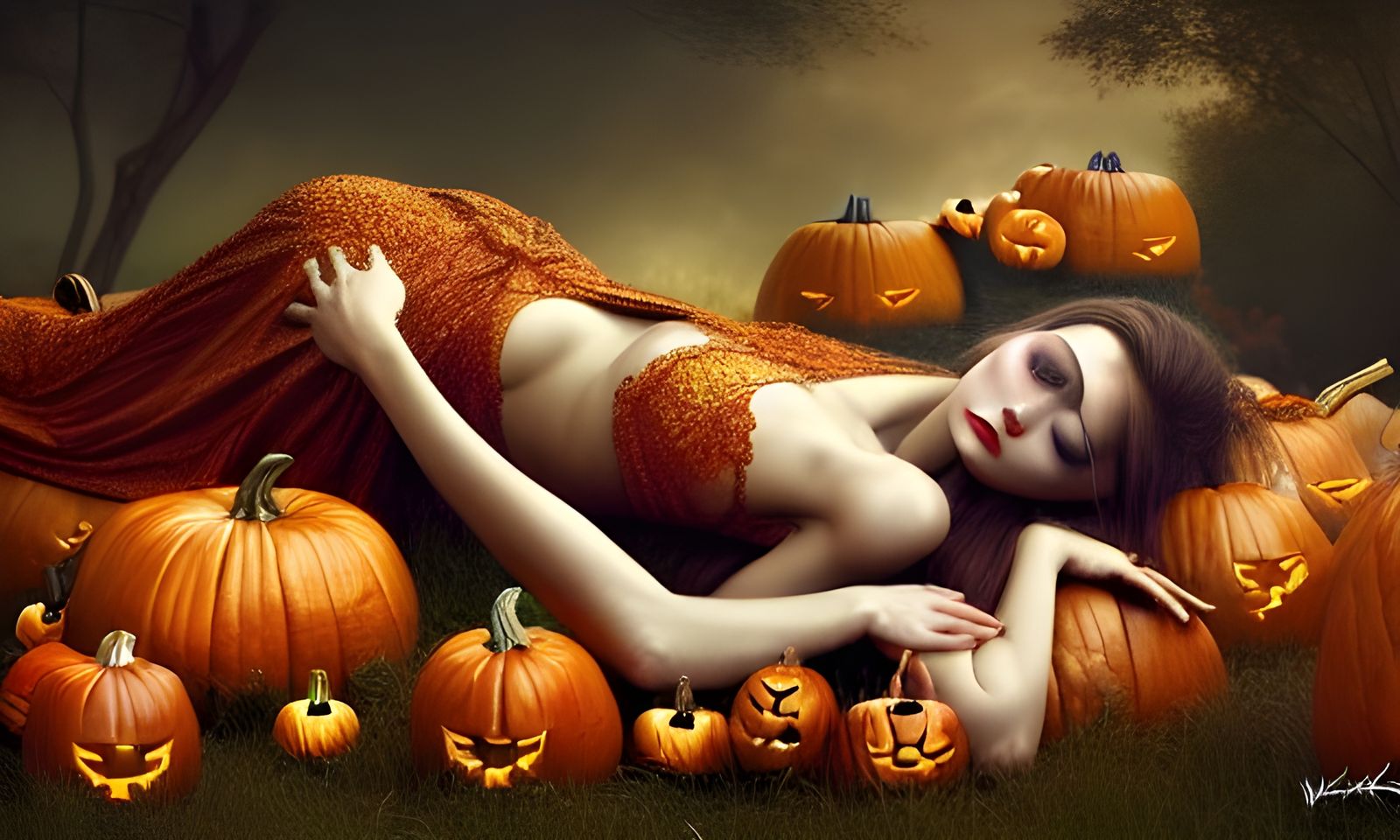 Fairy Relaxing on Pumpkins, Digital Illustration