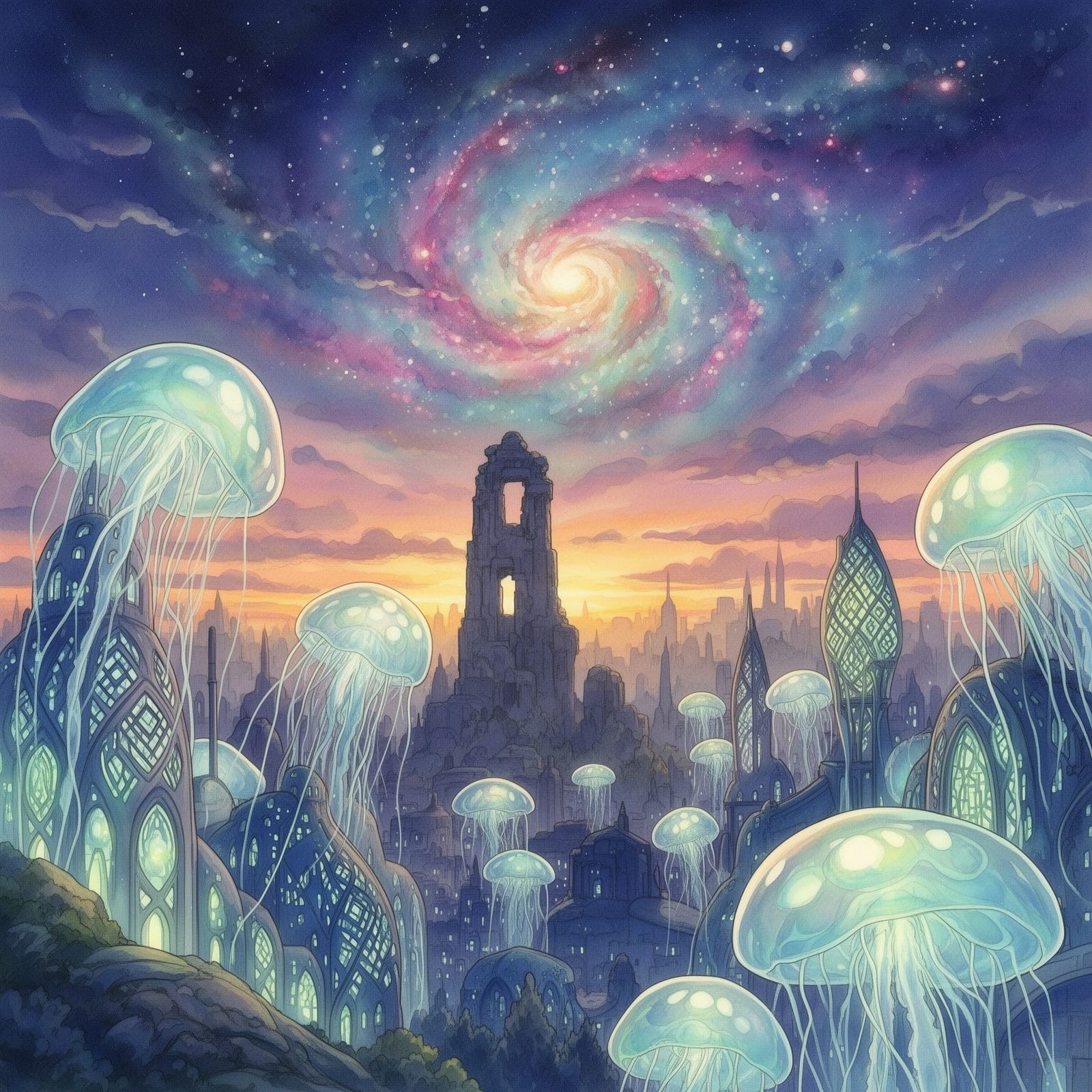 Otherworldly Jellyfish City at Twilight Nebula Sky