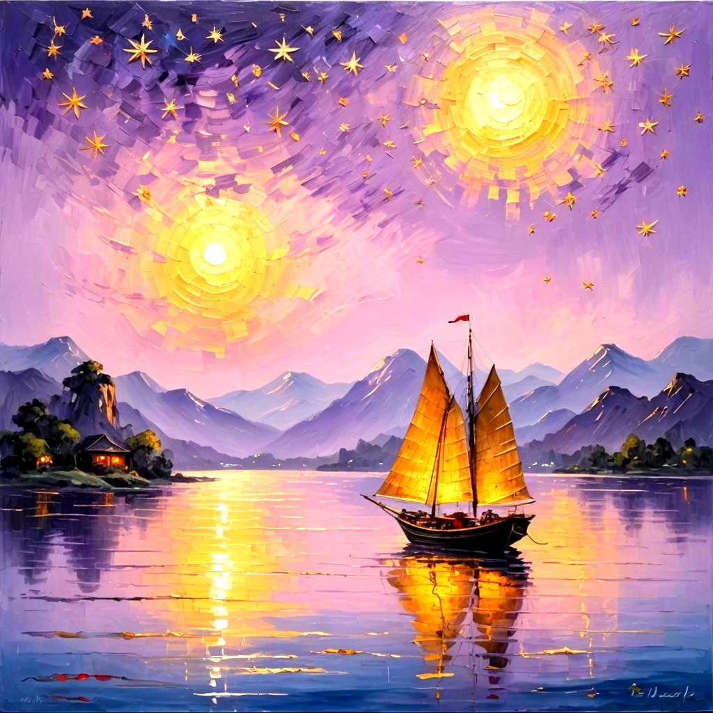 Chinese Sailboat on Lake at Night in Impasto Style
