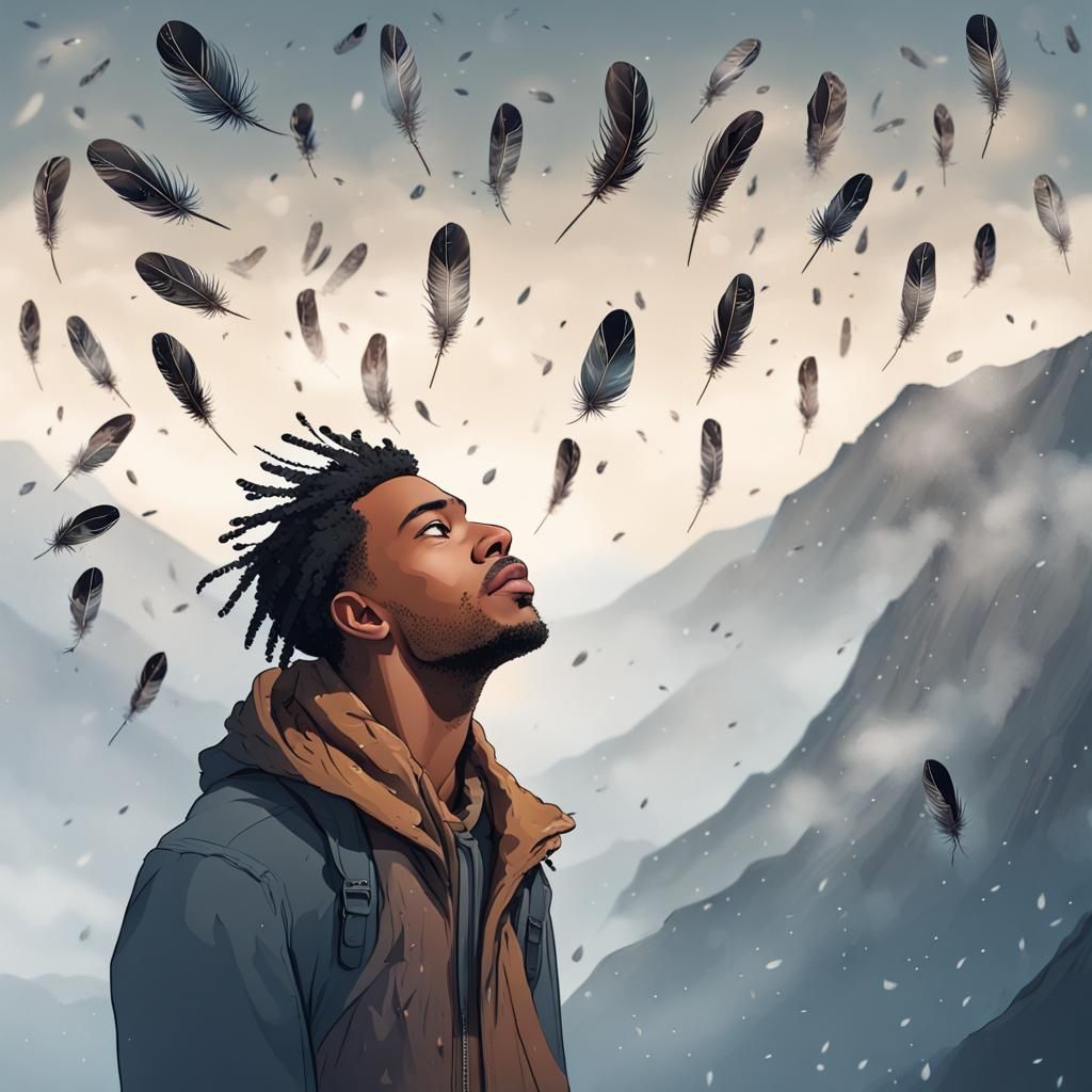 Man on Mountain with Falling Feathers