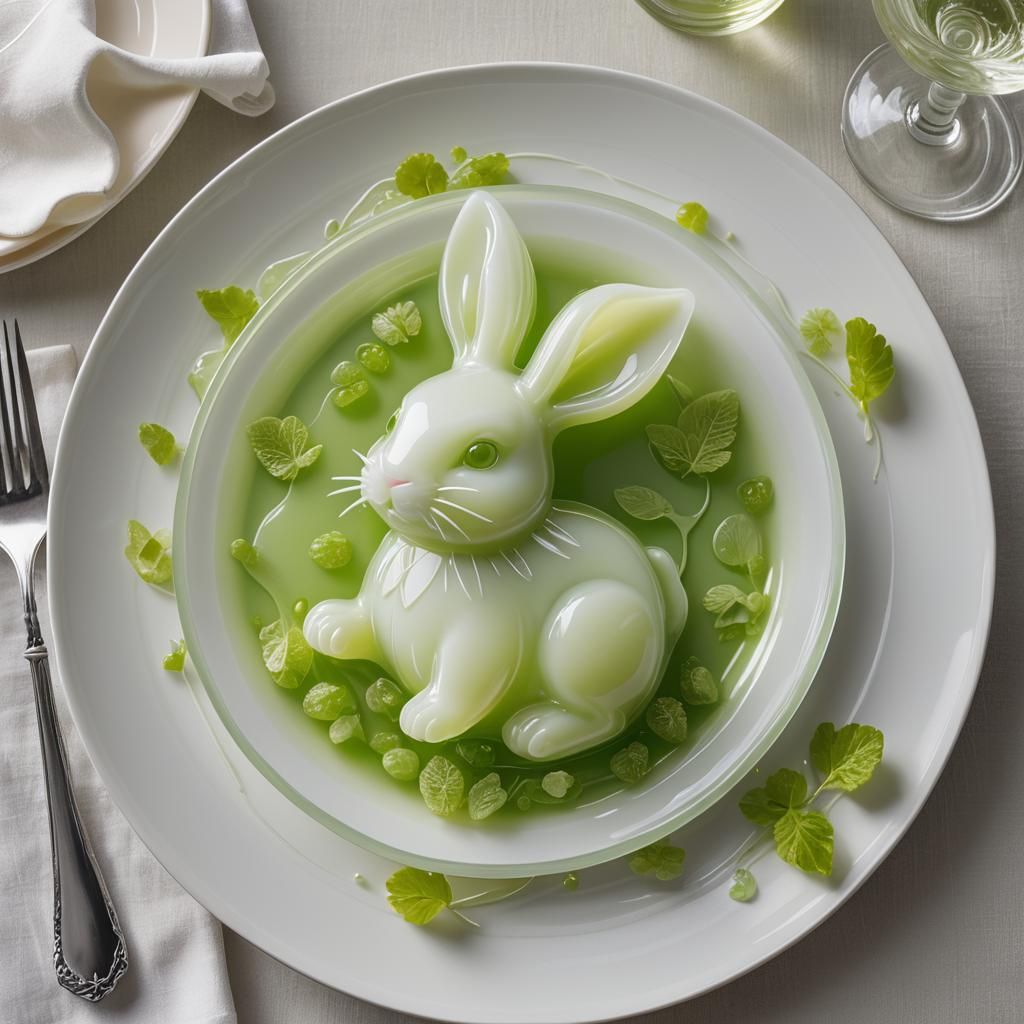 Lime Green Jelly Rabbit Sculpture with Chocolate Sauce
