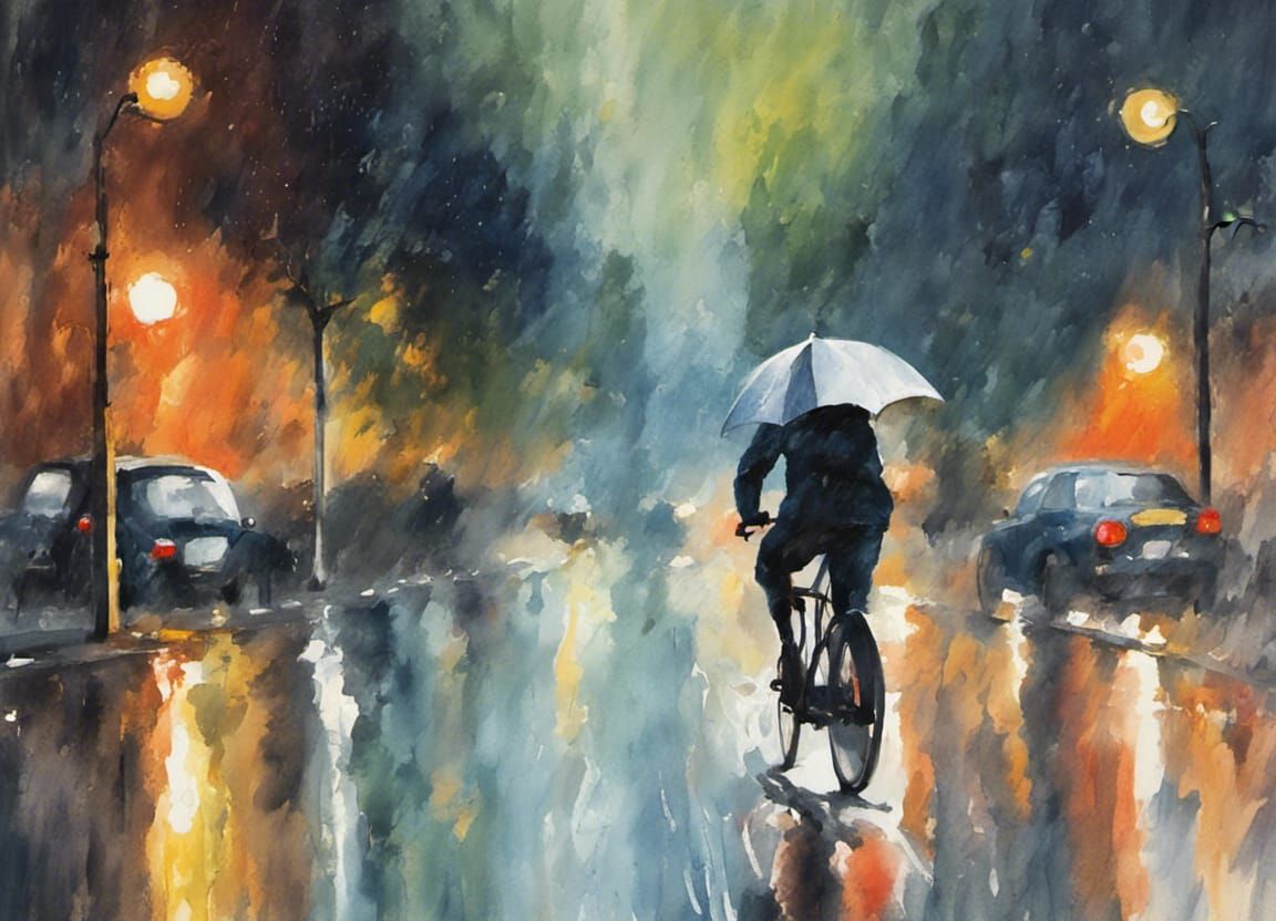 Solo Cyclist in Rain: Gouache Impressionist Masterpiece