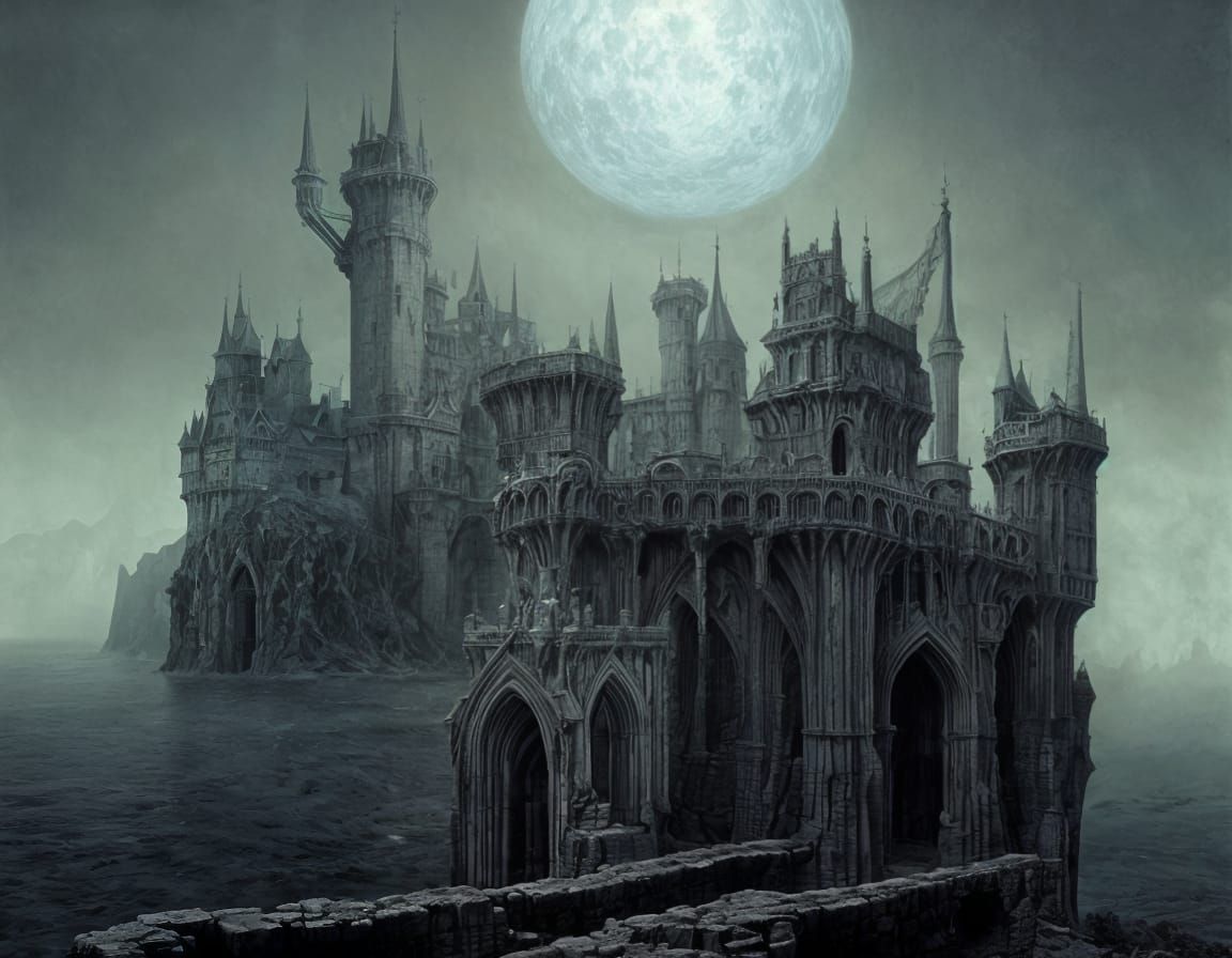 Surreal Castle with Three Moats and Drawbridges