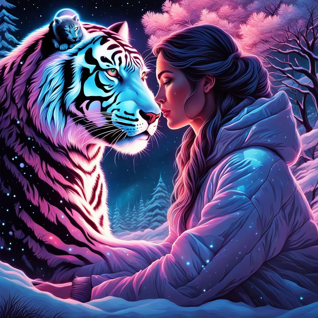 Cosmic Woman Cuddling Snow Tiger on Kinetic Display