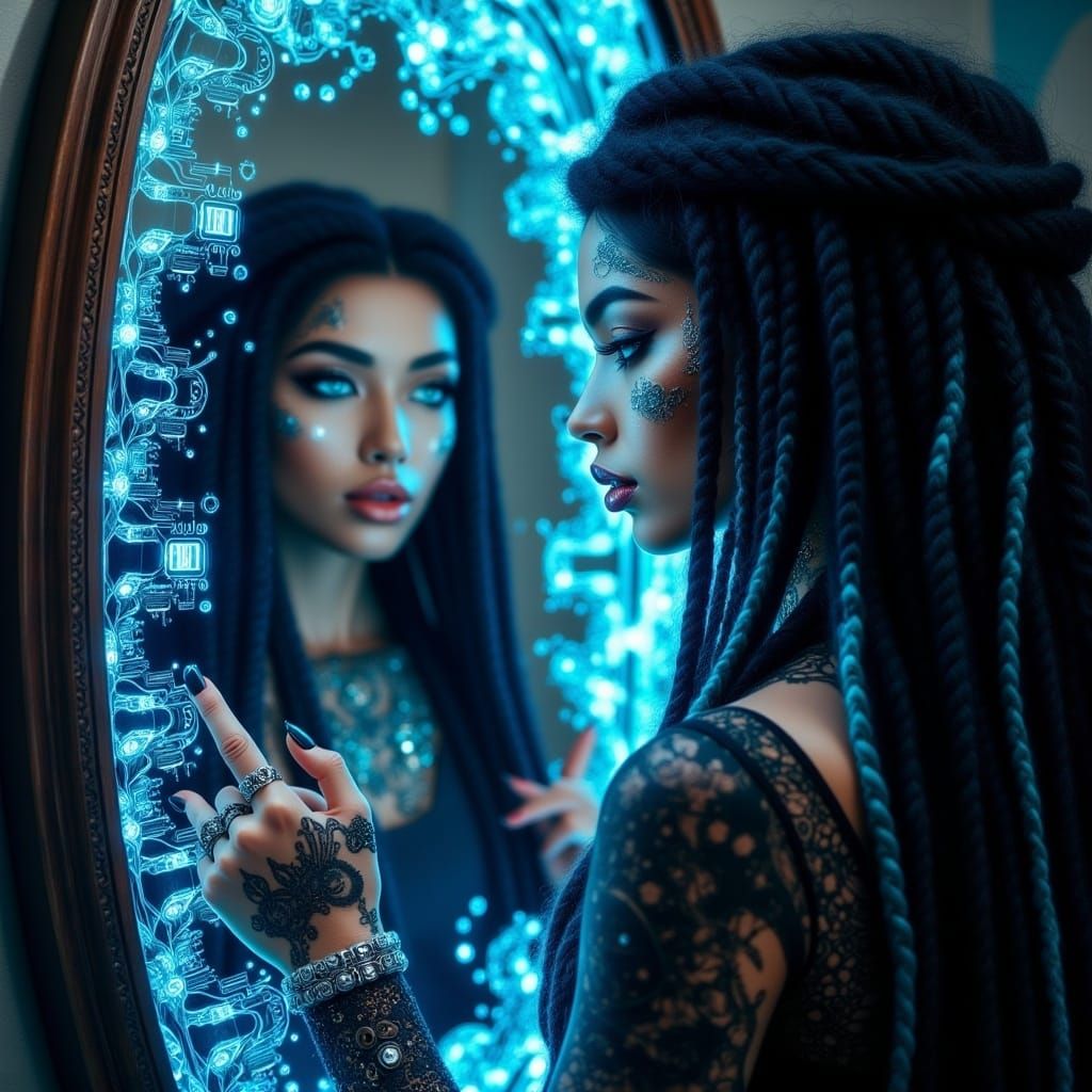 Dreamy Woman and Bioluminescent Mirror
