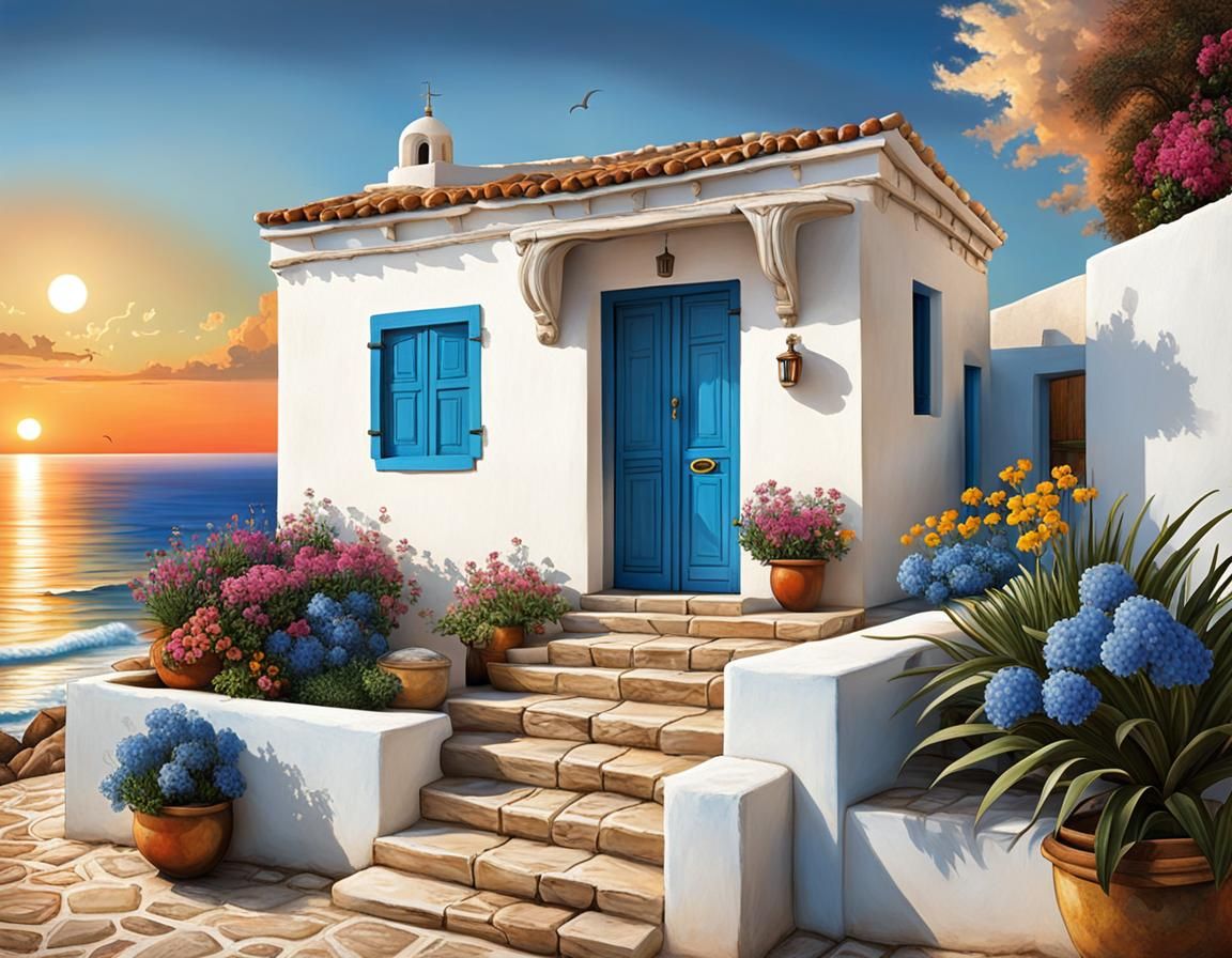 Cubist Tunisian House Seascape in Comic Book Art