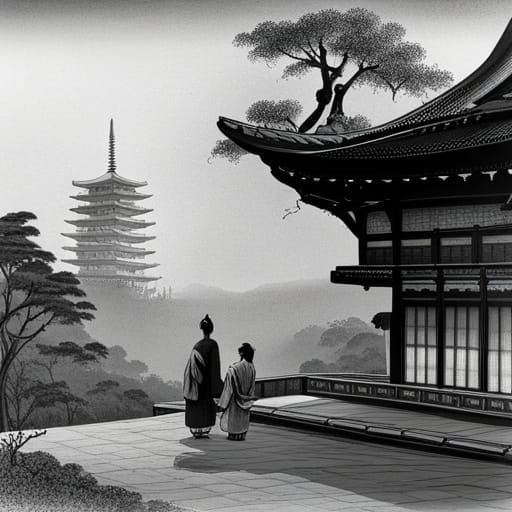 Samurai and Wiseman Chat at Temple Entrance