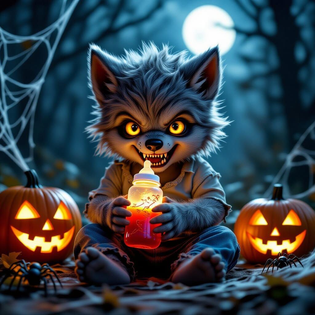 Adorable Baby Werewolf Holding Glowing Bottle, Halloween Sce...