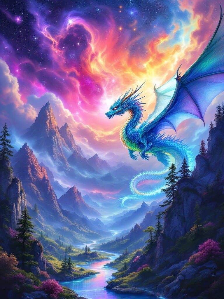 Majestic Dragon soars through Celestial Landscape