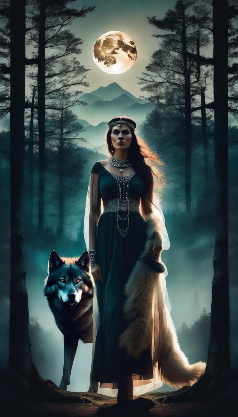 Pagan Woman and Wolf Double Exposure in Digital Art