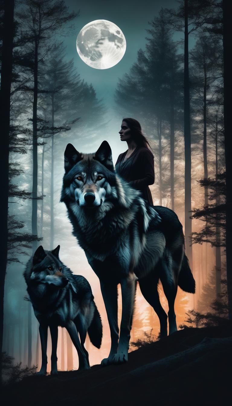 Pagan Woman and Wolf Double Exposure in Dark Forest
