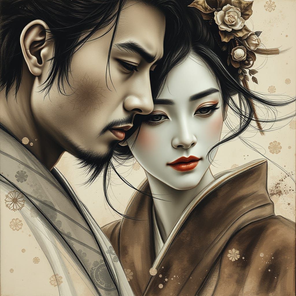 Ethereal Warrior and Geisha Portrait in Sepia