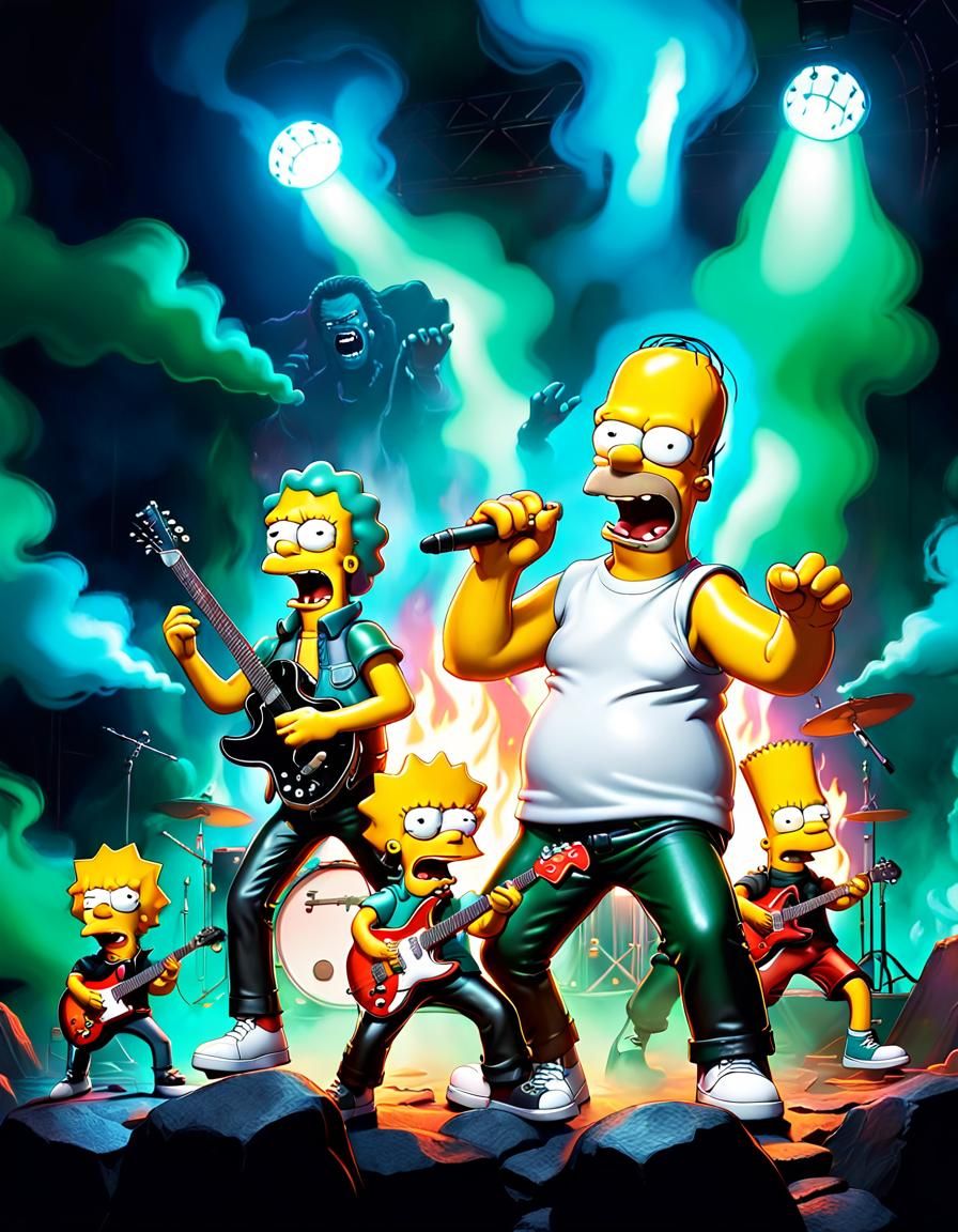 The Simpsons as Cartoon Metal Band on Stage