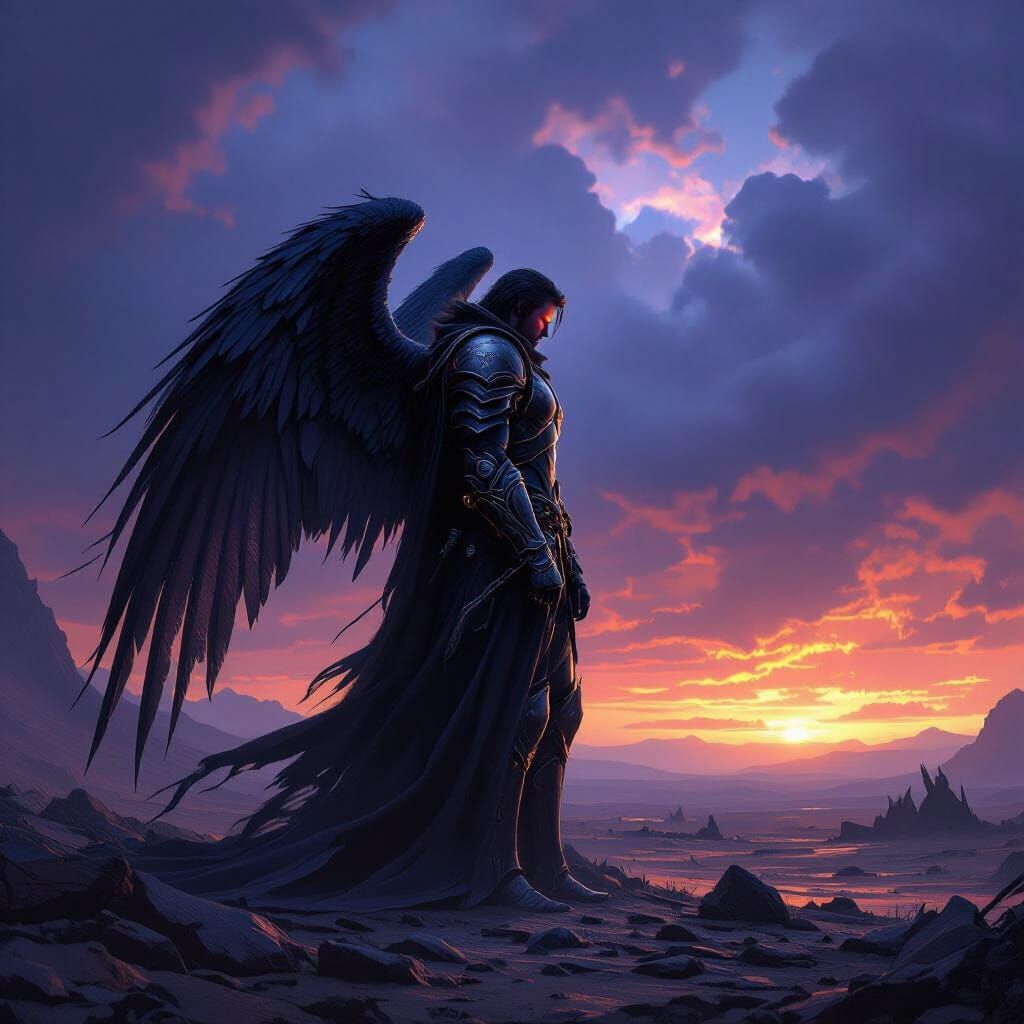 Angel on Desolate Battlefield in Dark Fantasy Style
