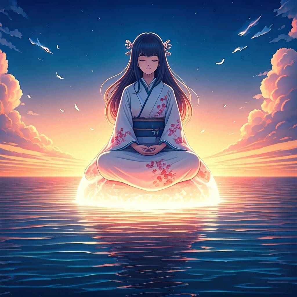 Anime Woman Meditates on Glowing Orb Above Ocean at Sunset