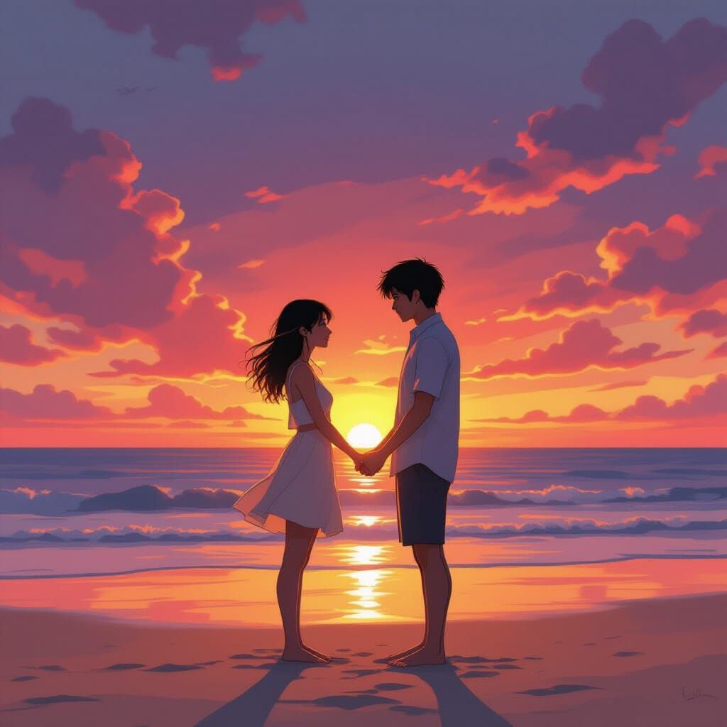 Silhouetted Couple at Sunset: A Romantic Beach Scene
