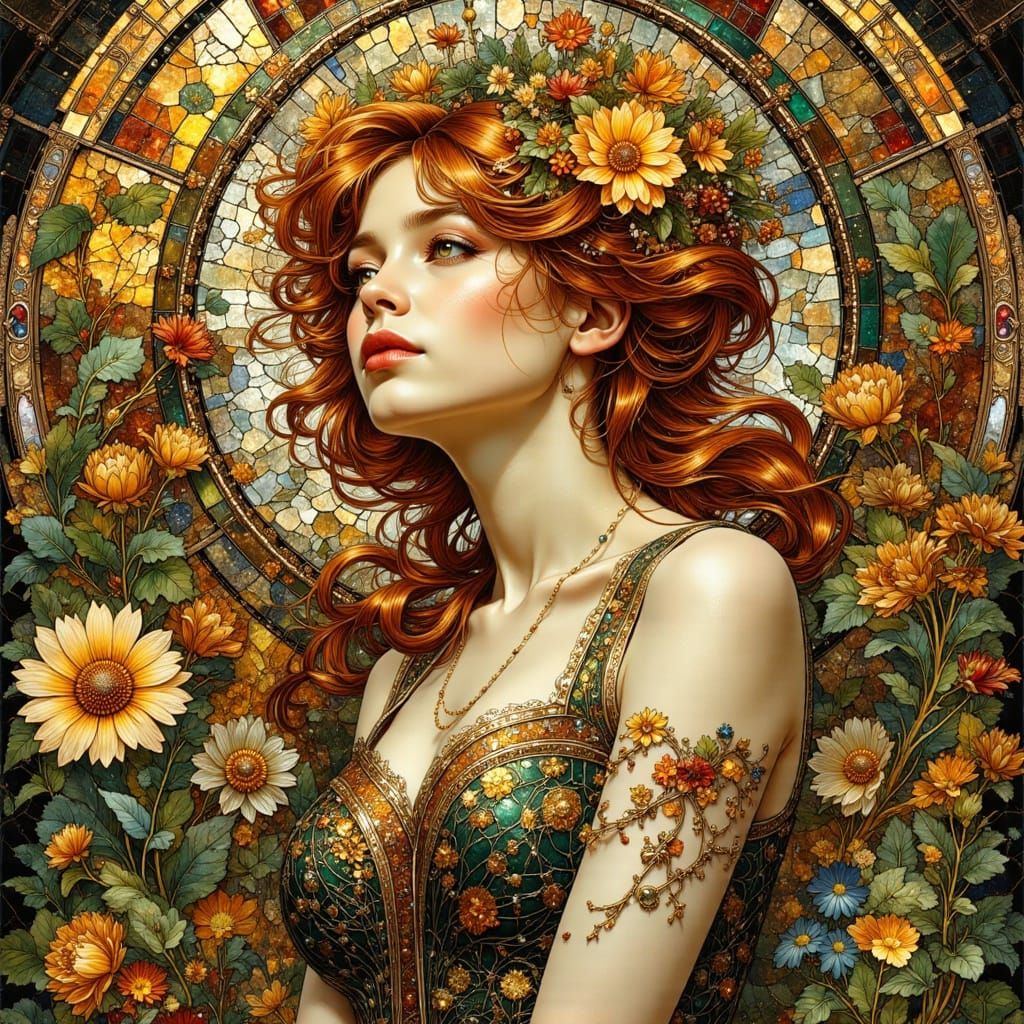 Art Nouveau Woman with Flowing Auburn Hair