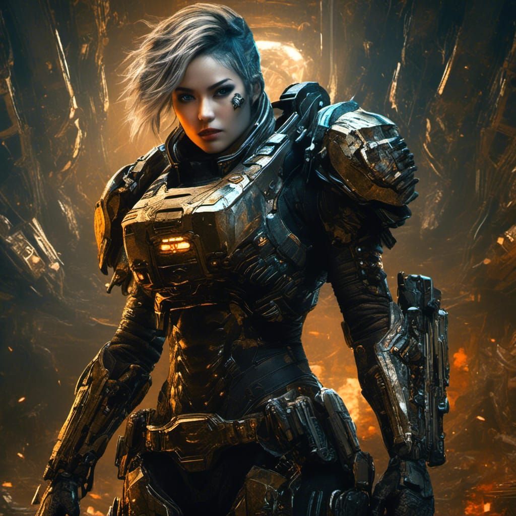 Armored Woman in Starship Interior: Matte Painting