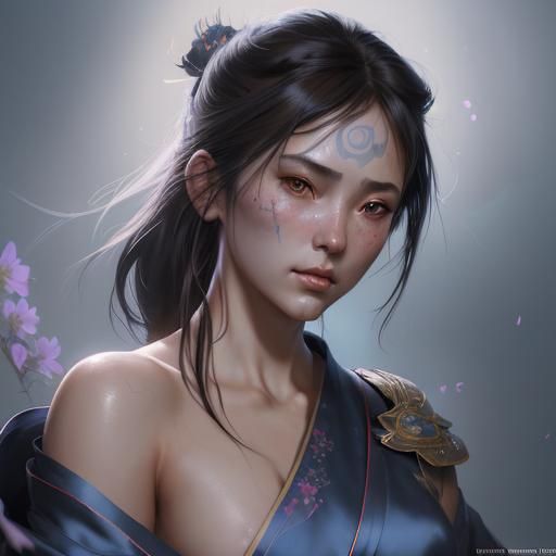 Petite Samurai in Floral Robe: Hyperdetailed Portrait