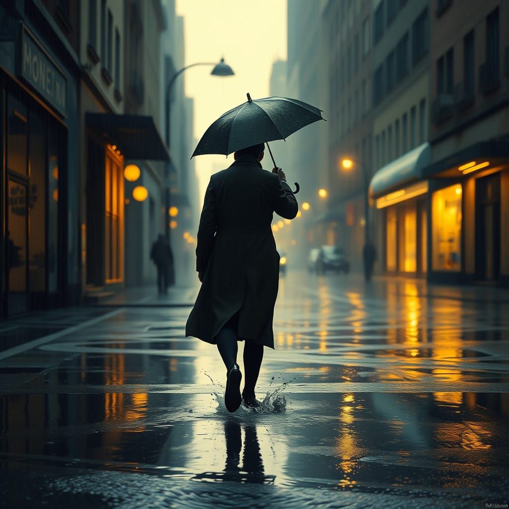 A Lonely Figure in the Rainy City Streets