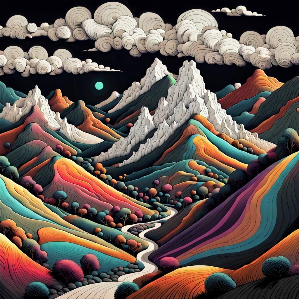 Stylized Multicolored Hills with Plaster Busts