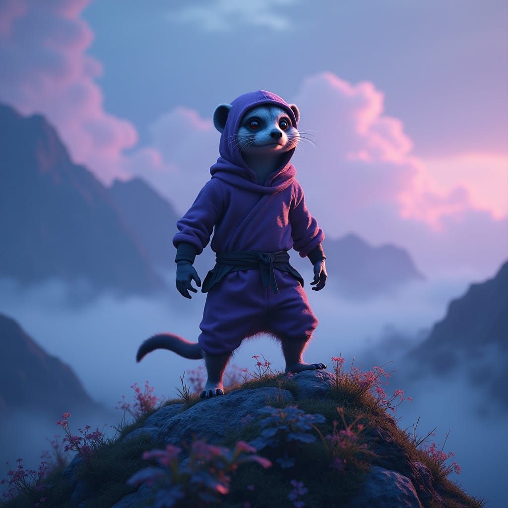 Mystical Meerkat Hero in Ninja Attire on Mountain Peak