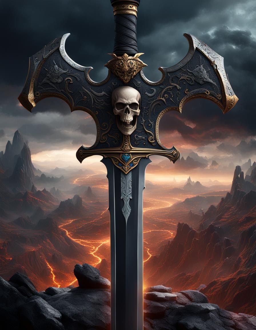 Skull Sword in Dark Storm, Detailed Matte Painting