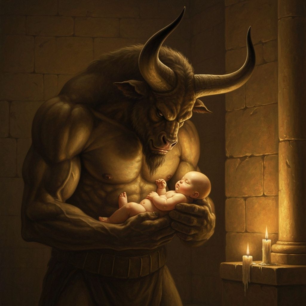 Minotaur Cradling Infant as Baroque Oil Painting