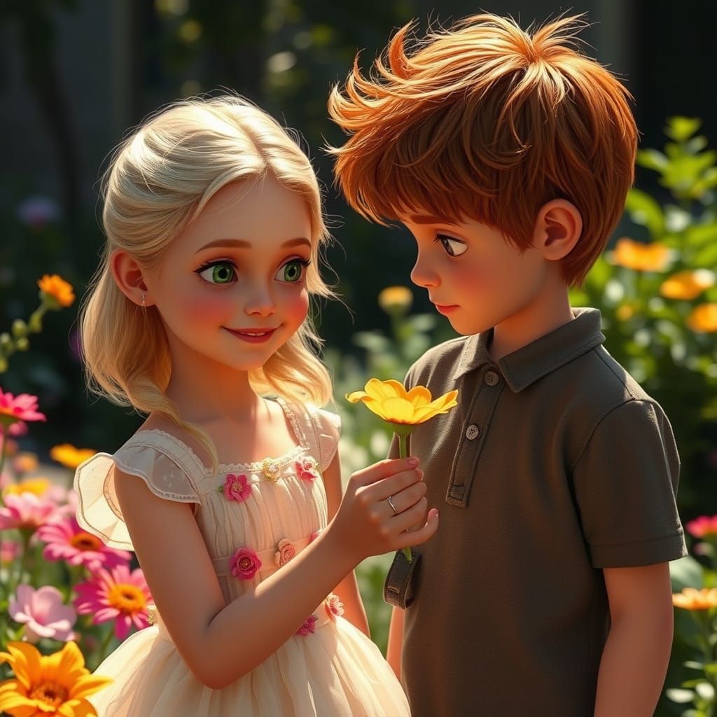 Children in Sunny Garden, Realistic Photography