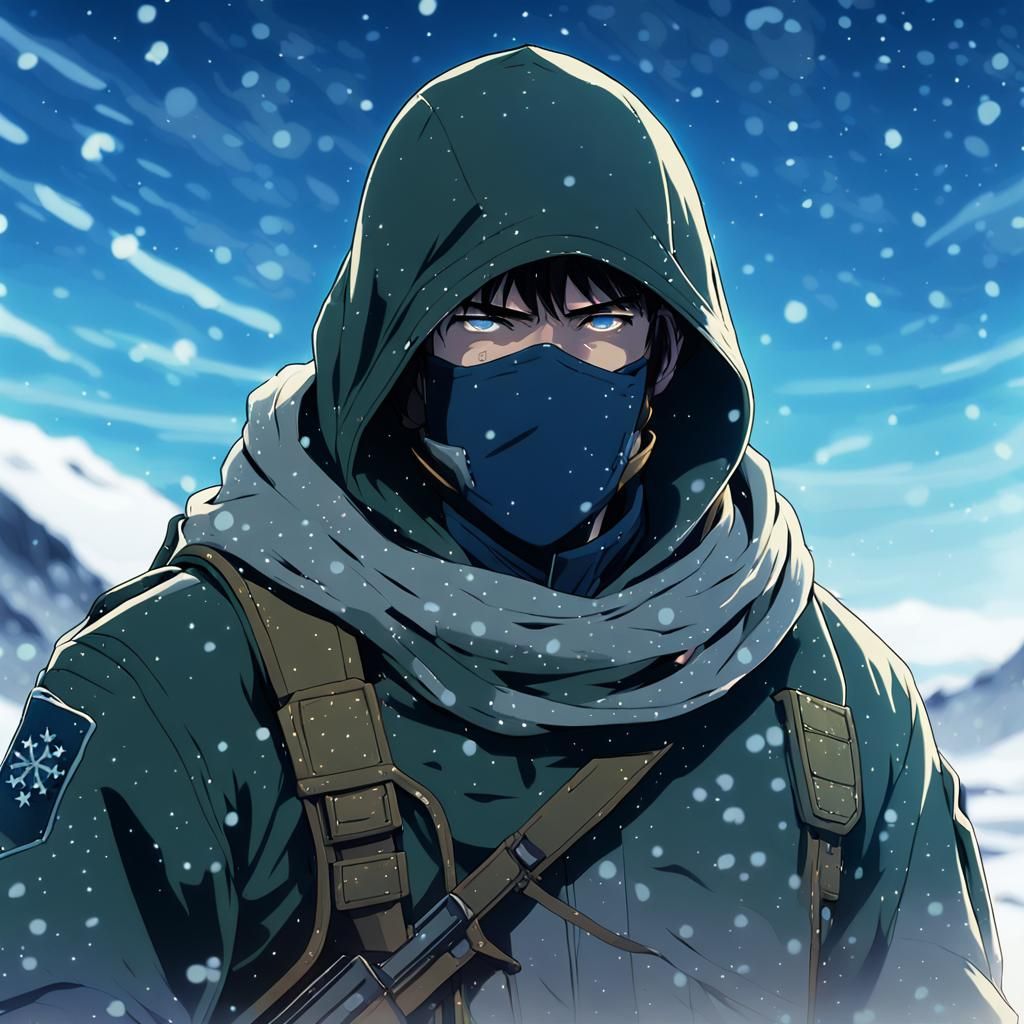 Hooded Soldier in Snowy Tundra: Anime Cel-Shaded Art