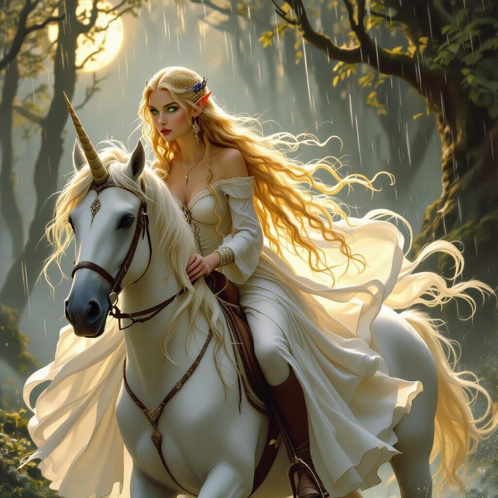 Elven Princess Rides Unicorn in Misty Forest, Mystical Reali...