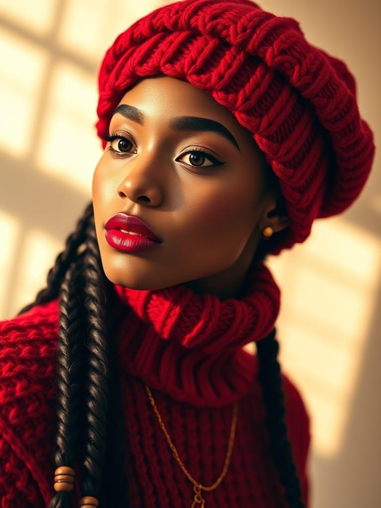 Elegant Winter Portrait in Rich Reds and Creamy Neutrals