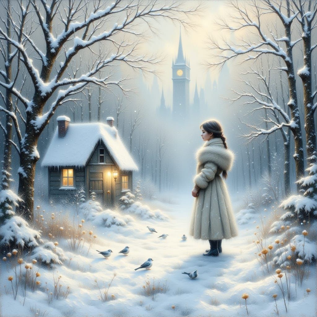 Ethereal Girl in Whimsical Winter Snow Scene