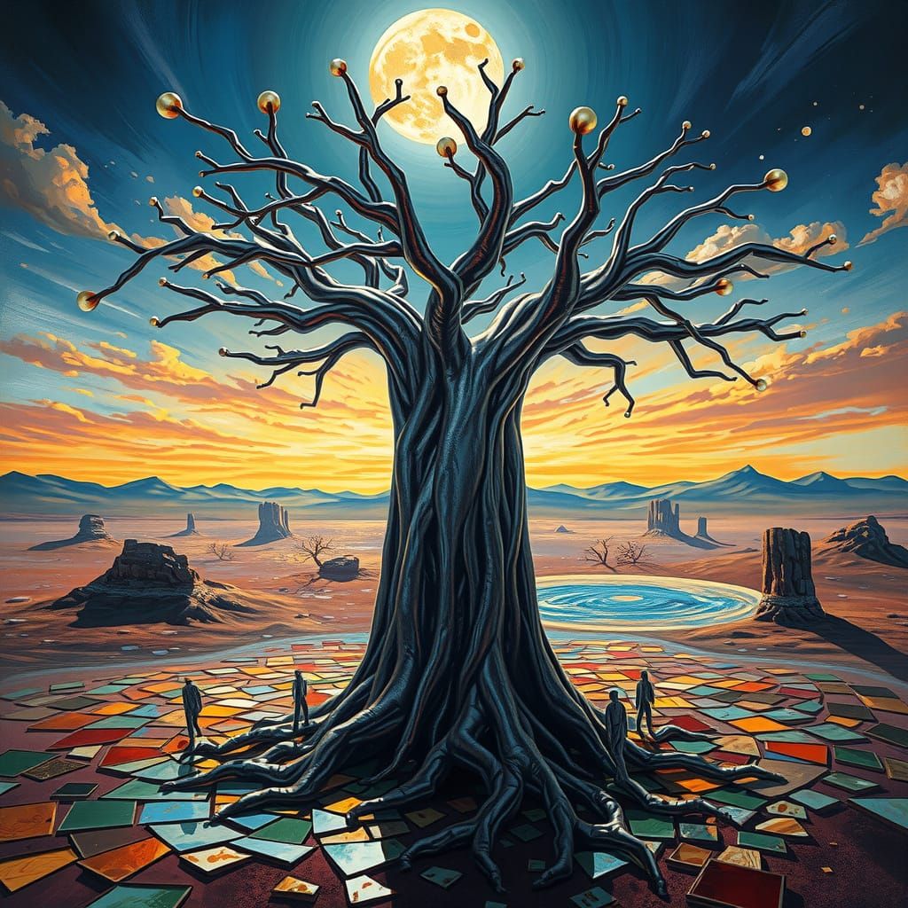 Chrome Circuit Tree in Surreal Oil Painted Desert