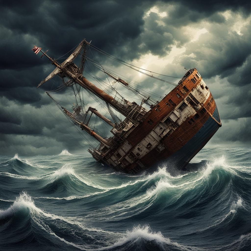 Stormy Seas: Sinking Ship in Dark Fantasy Style