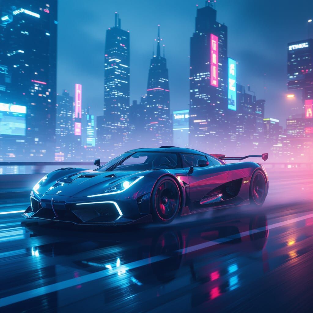 Neon Koenigsegg Hypercar in Dystopian Cityscape