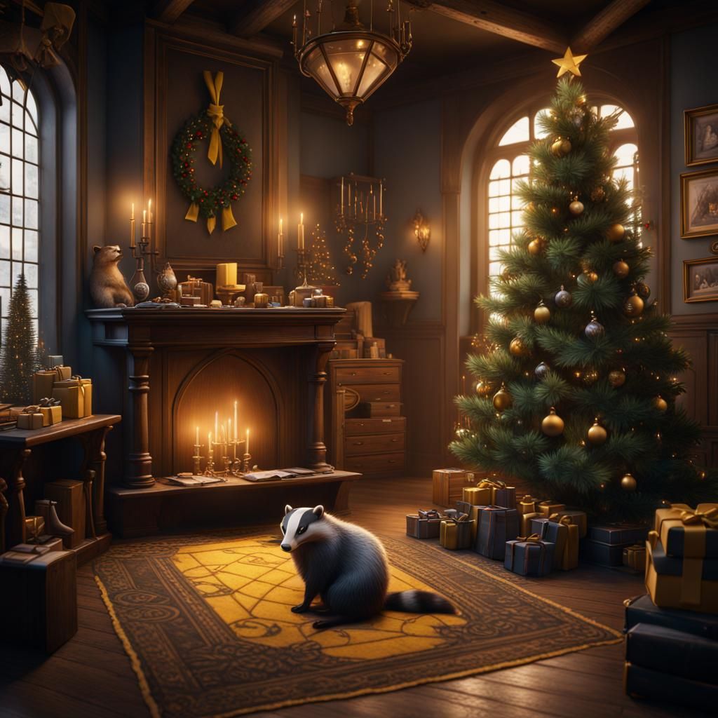Festive Hufflepuff Common Room with Christmas Tree