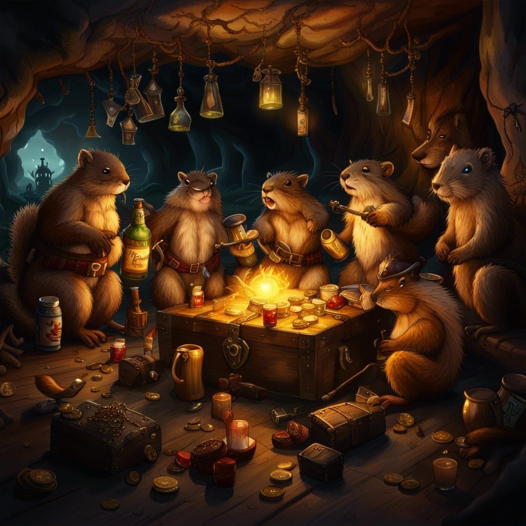 Drunken Pirate Capybaras Celebrate in Treasure Cave