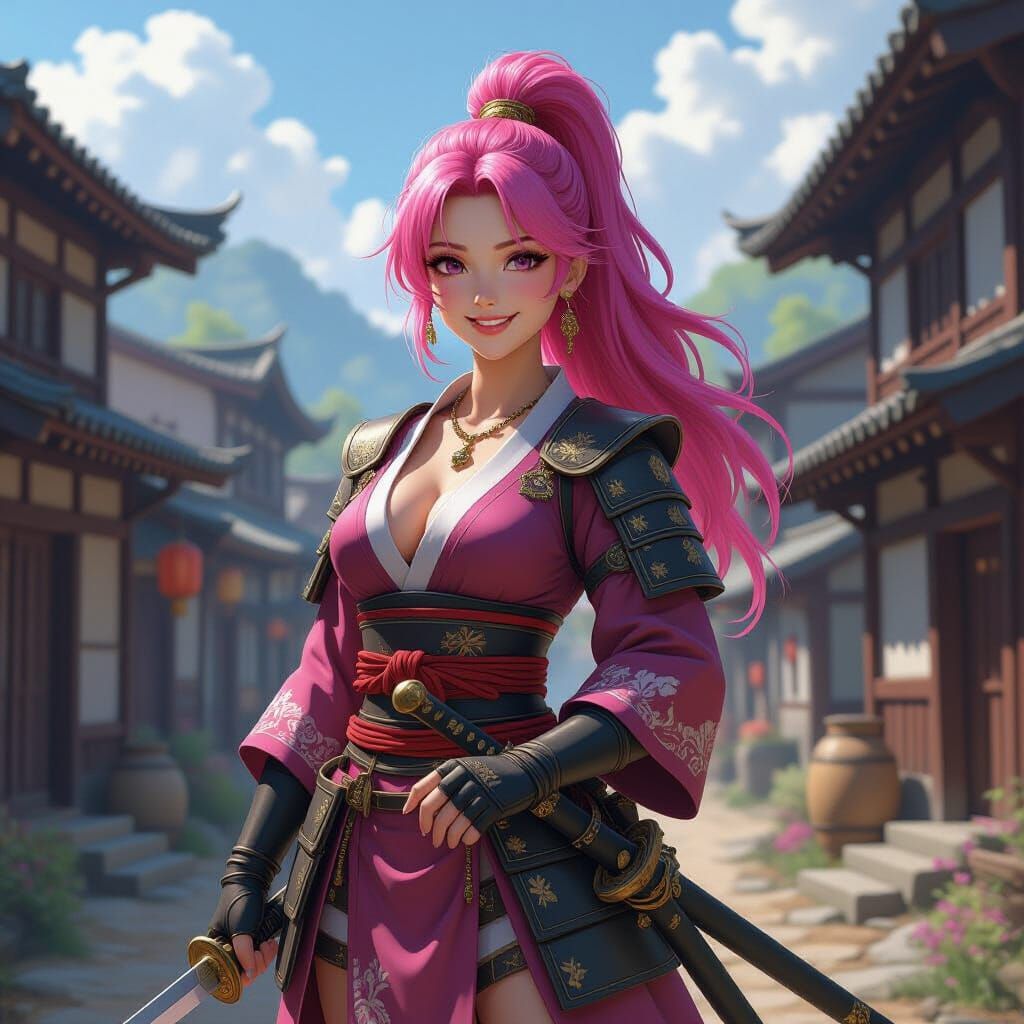 Pink Haired Samurai Helping Village in Dark Fantasy Style
